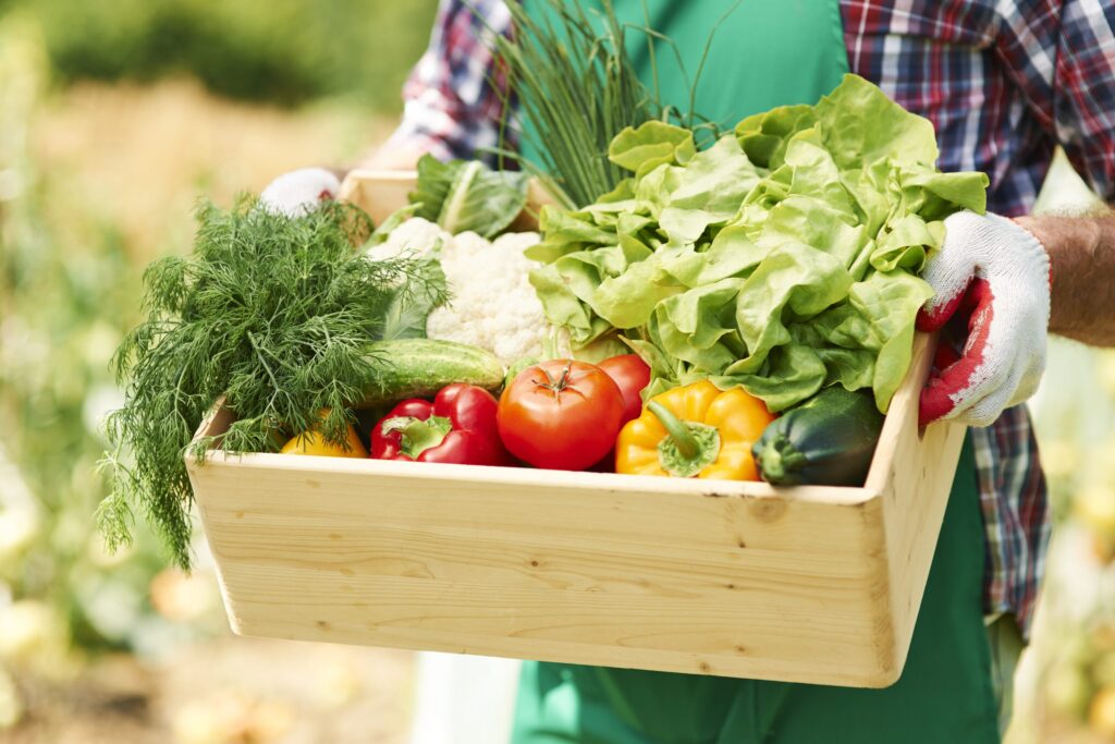 Una persona sostiene una caja de madera con frutas y verduras.