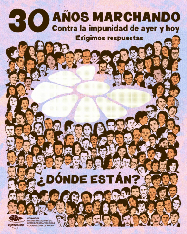 30 años marchando. Contra la impunidad de ayer y de hoy exigimos respuestas. Margarita sin un pétalo. rostros de uruguayos detendios desaparecidos. Texto: ¿Dónde están? Convoca: Madres y familiares de uruguayos detenidos desaparecidos.